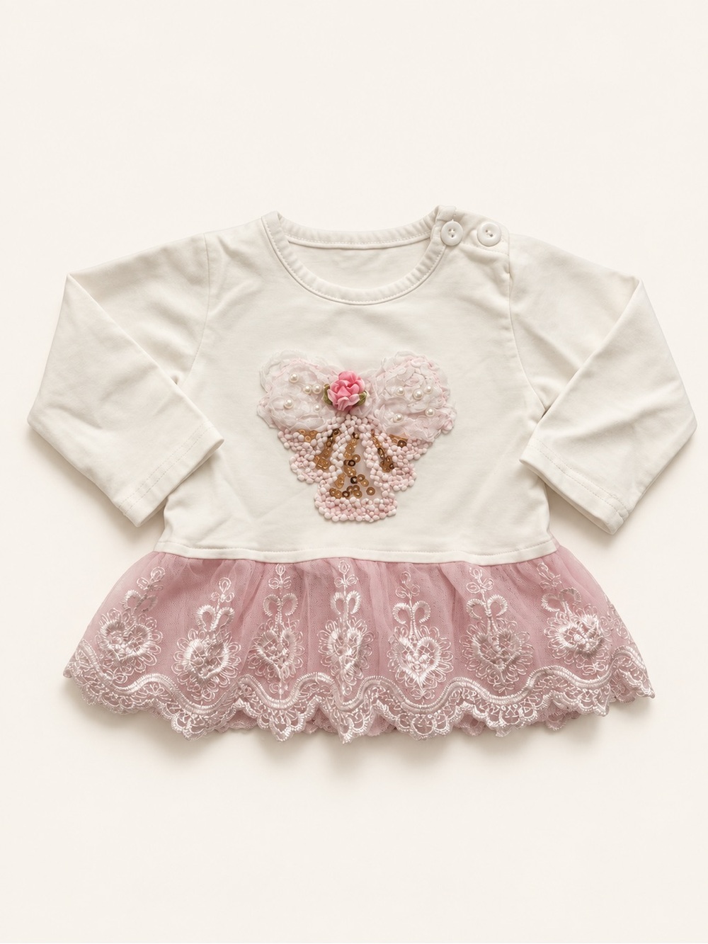 Girls' white and Pink Tulle Hem Top with Bow Applique